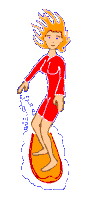 Margs is a surfer girl. Her red wetsuit colour chosen by the statue designer.